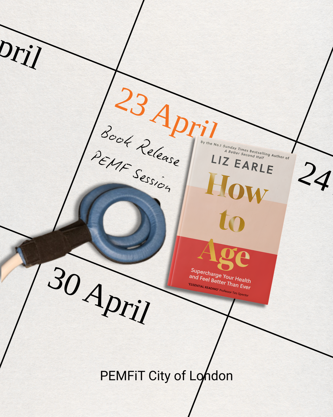Book 'How to Age' by Liz Earle on a calendar with event details.