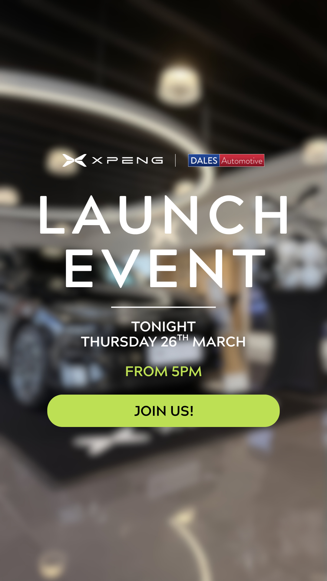 Promotional graphic for Xpeng launch event with event details and join button.