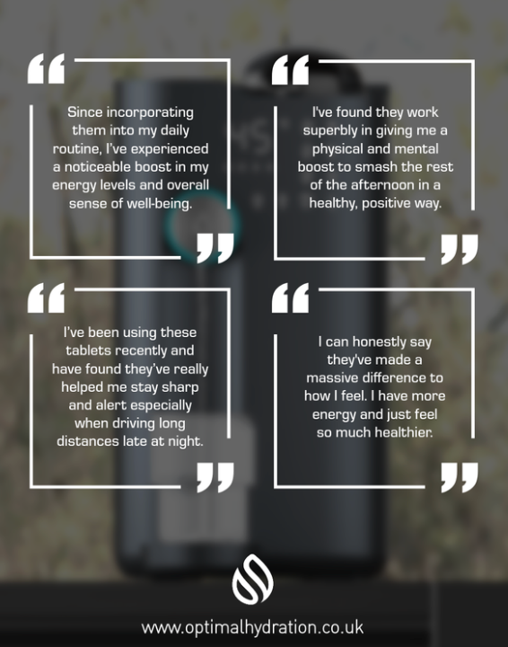 Optimal Hydration supplement bottles with customer testimonials on a blurred background