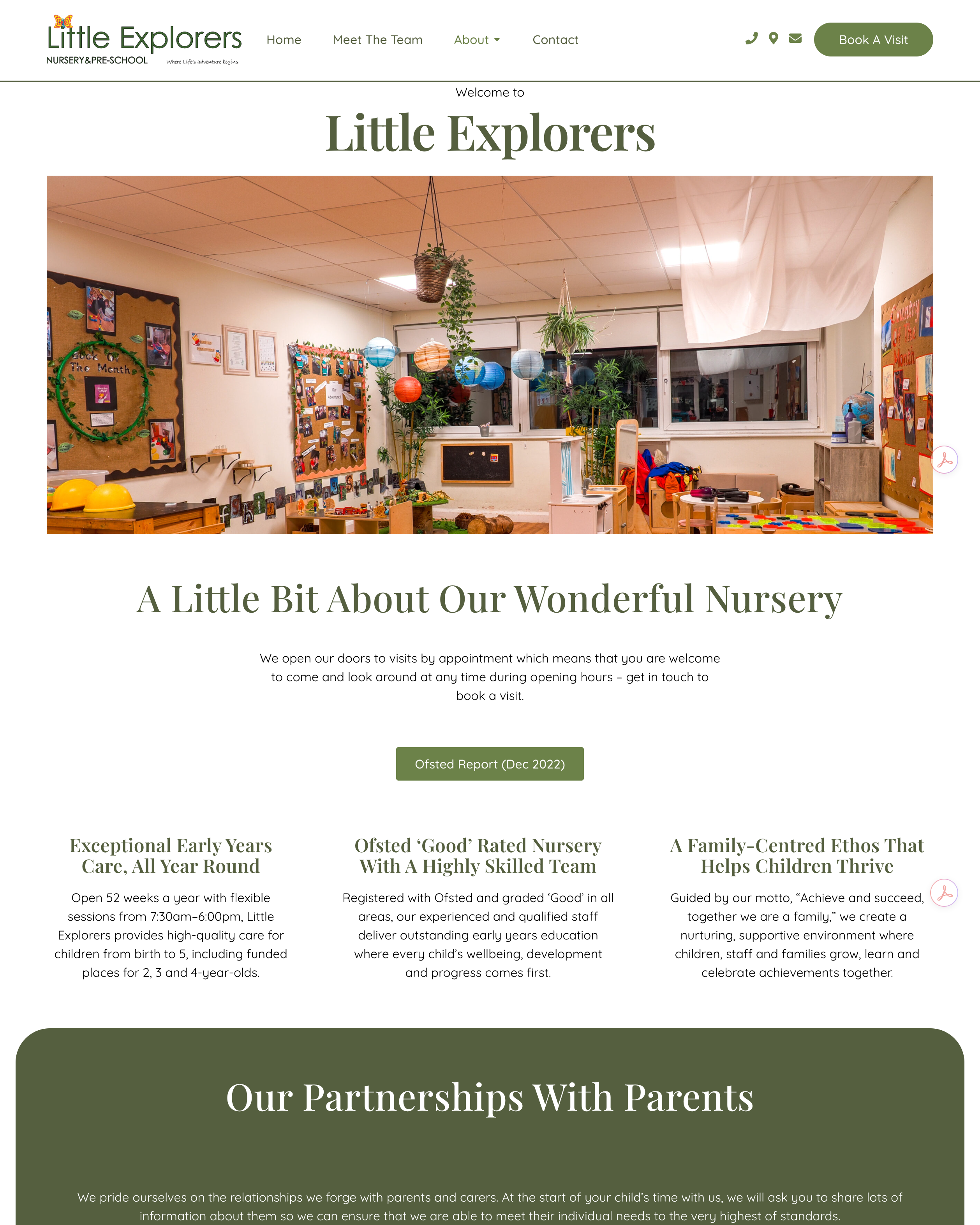 Website homepage of Little Explorers with a nursery room image and text about services.