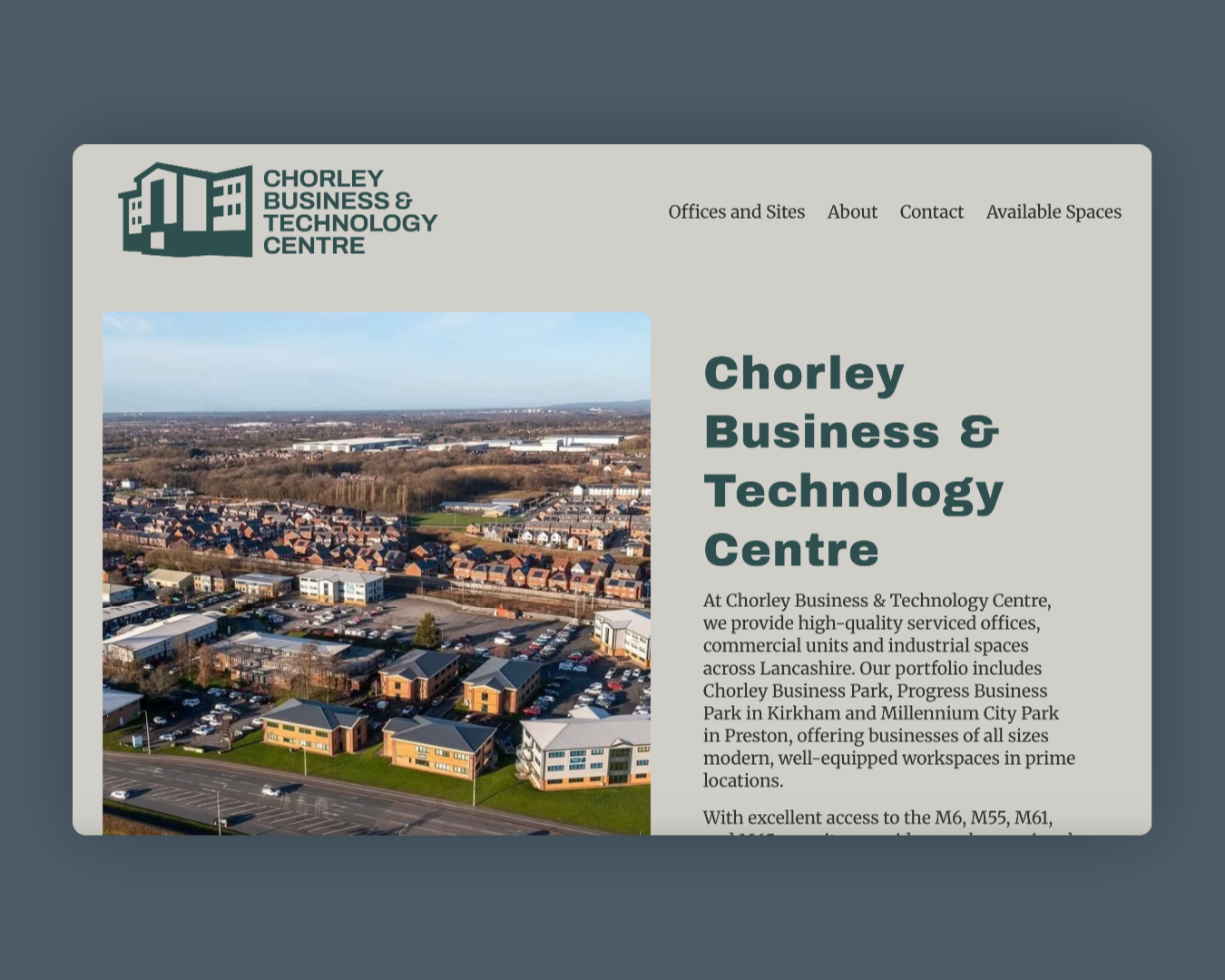 Website page for Chorley Business & Technology Centre with an aerial view of the area.