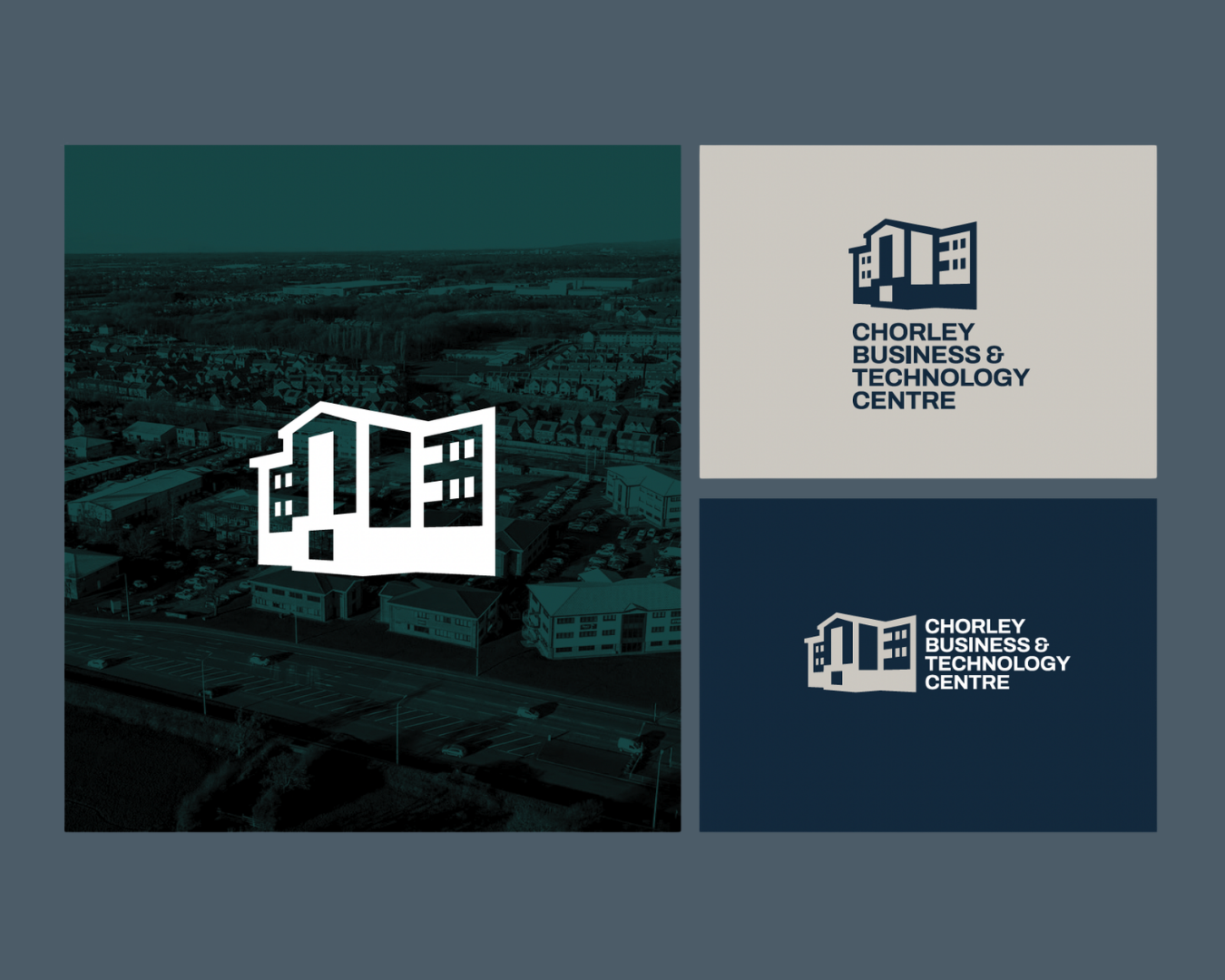 Logos of Chorley Business & Technology Centre on a dark blue background with an aerial view.