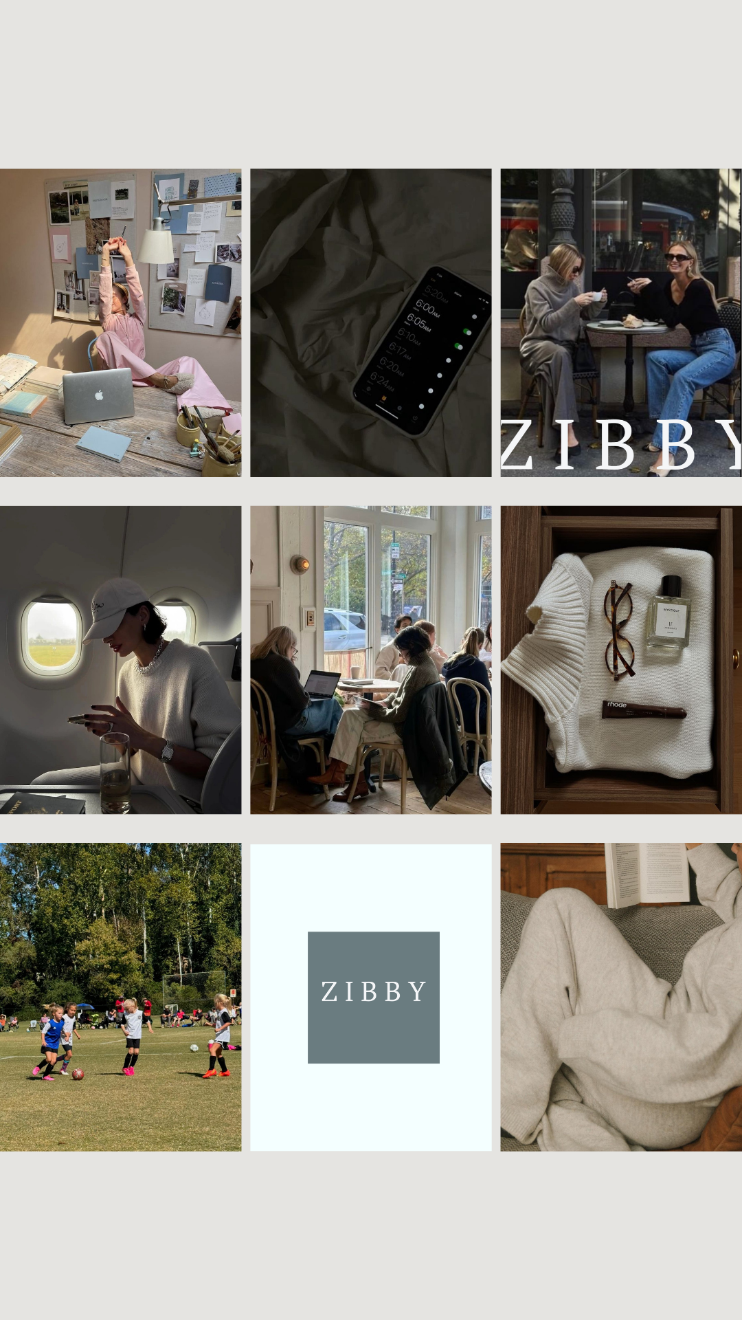 Collage of various scenes with 'Zibby' branding, including people working, a phone, and a sweater.