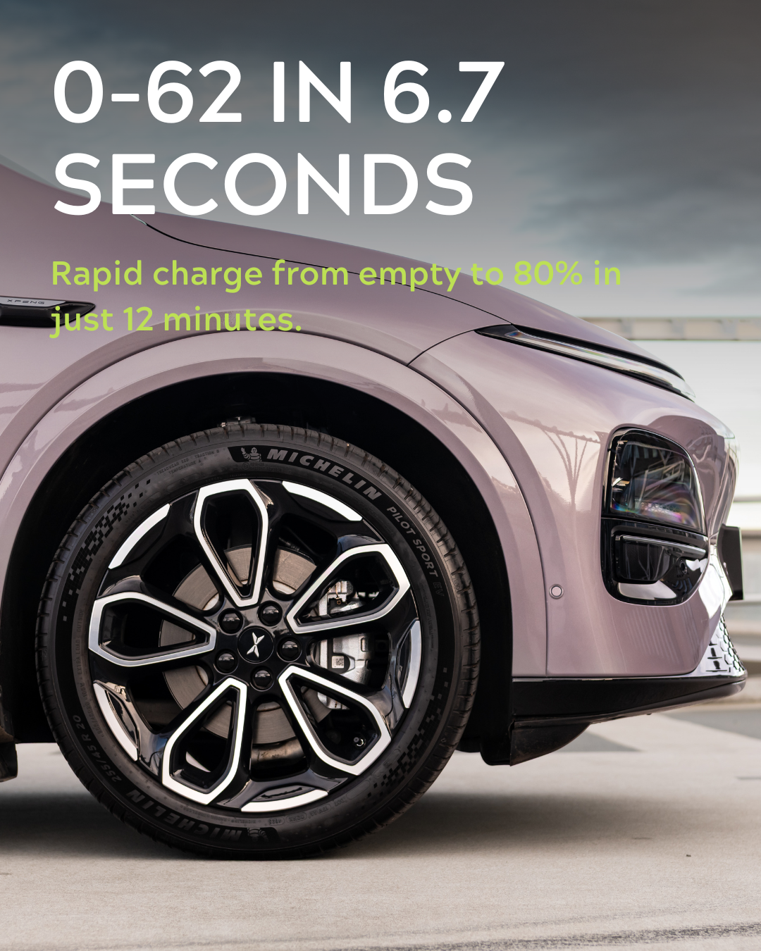 Car with text indicating acceleration time and charging speed on a blurred road background