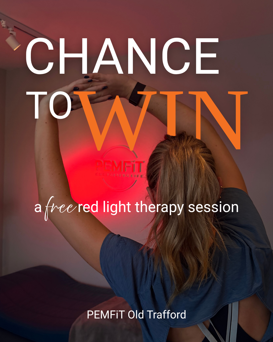 Person receiving red light therapy with promotional text for a free session at PEMFIT Old Trafford.