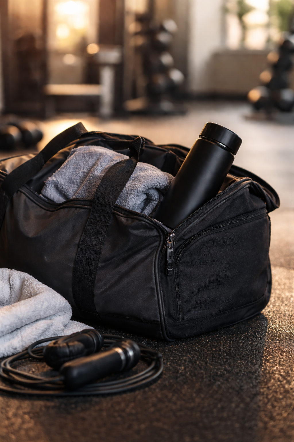 Black gym bag with a water bottle, towel, and jump rope on a wooden floor.