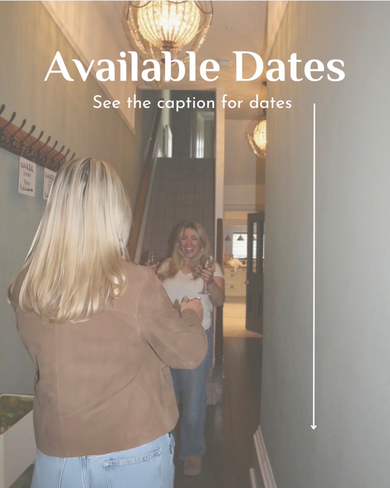 Two women shaking hands in a hallway with text overlay 'Available Dates' and 'See the caption for dates'.