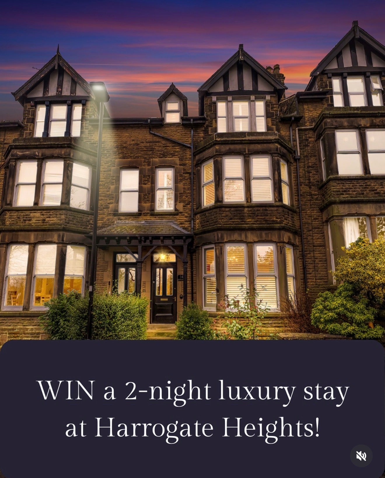 Luxury house with a promotional message for a 2-night stay at Harrogate Heights.
