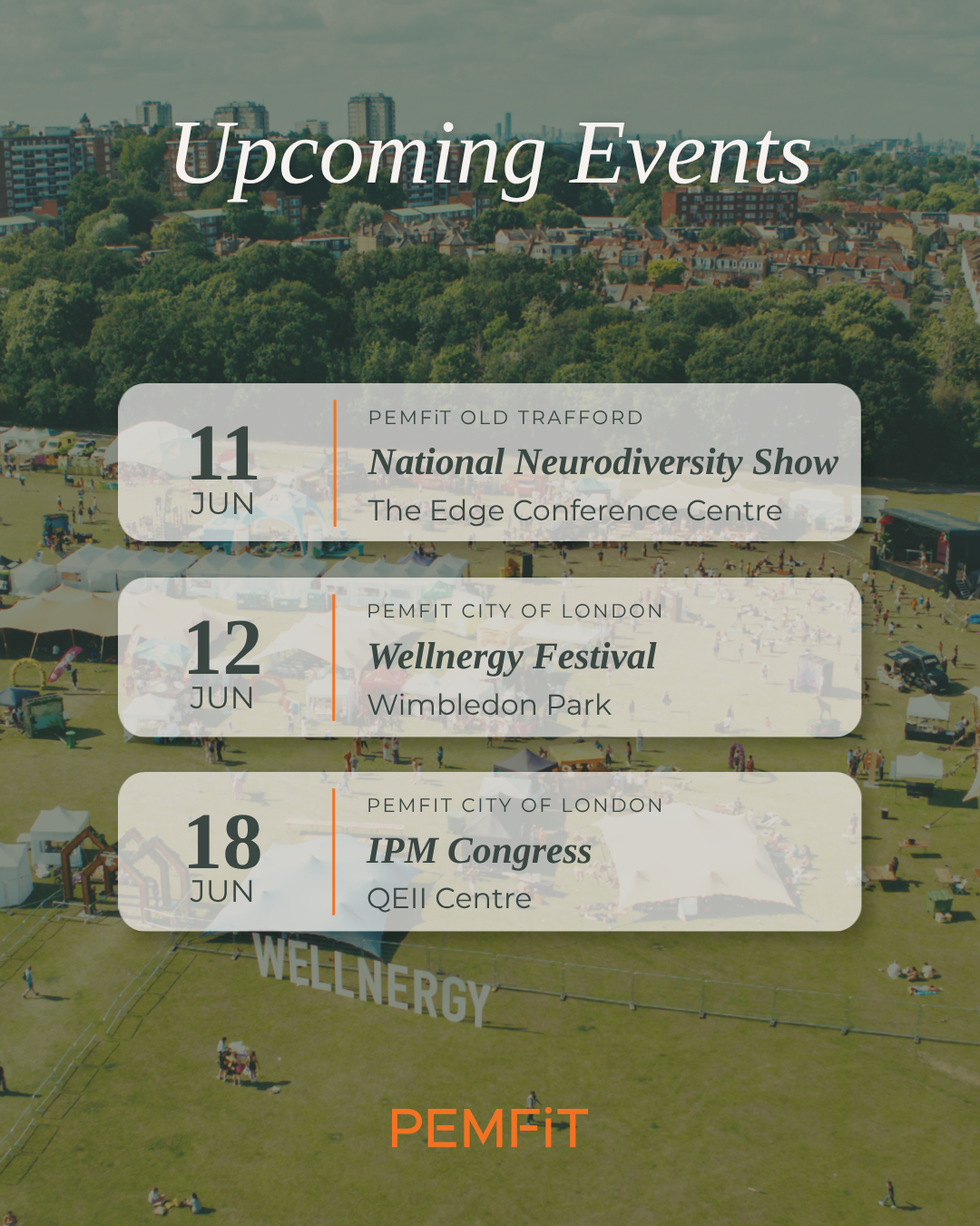 Upcoming events listed with dates and locations on a green field background.