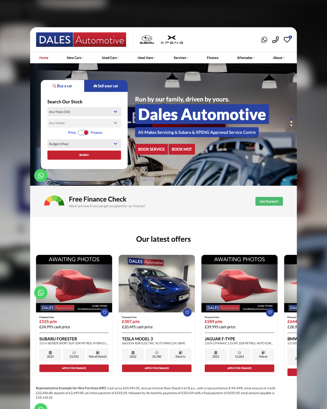 Dales Automotive website homepage with car listings and promotional text.