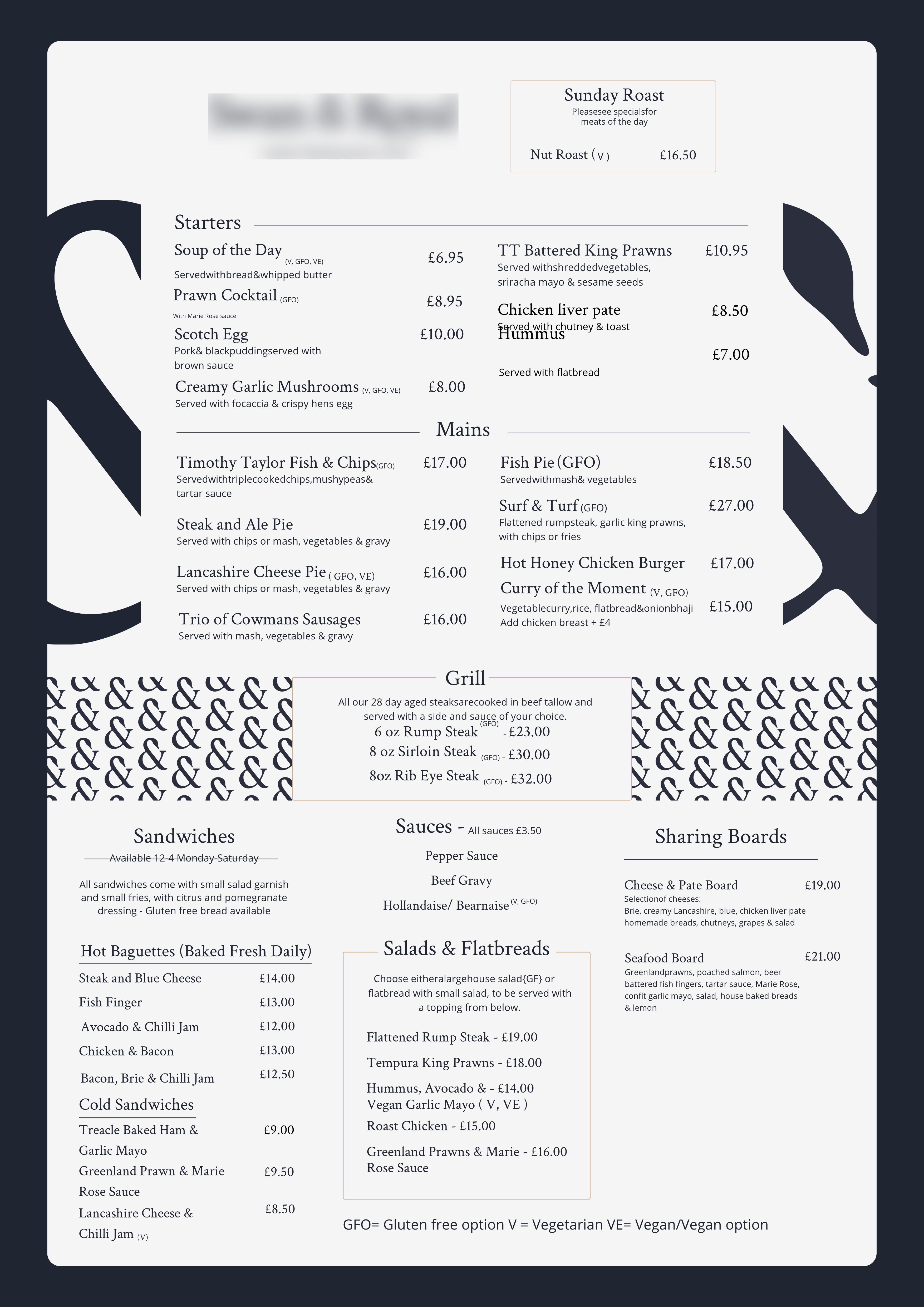 Menu with various food items and prices on a white background