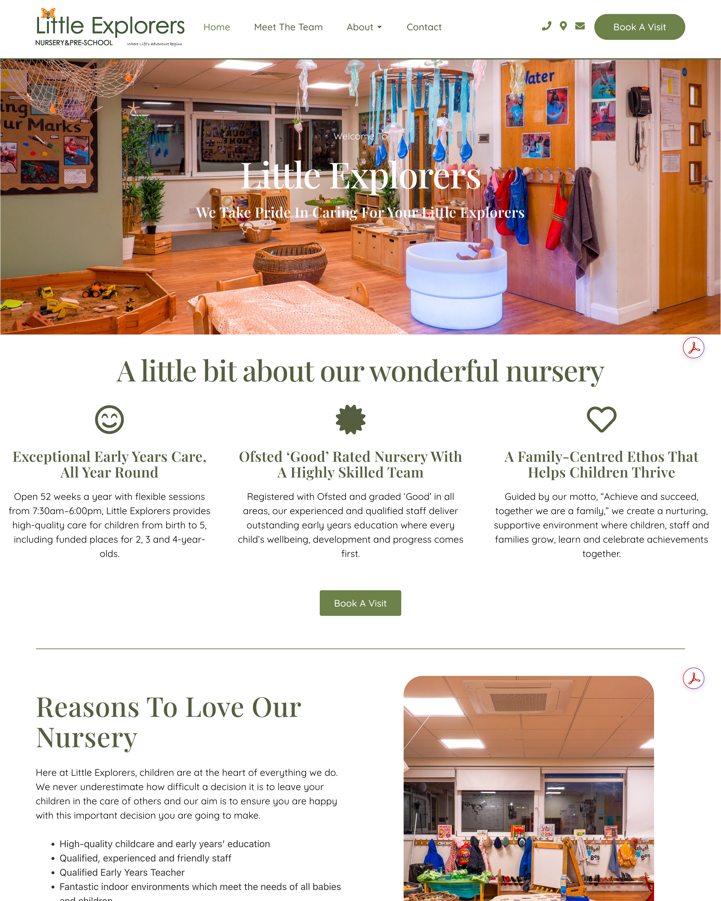 Website page for a nursery with images of a room and text about services.